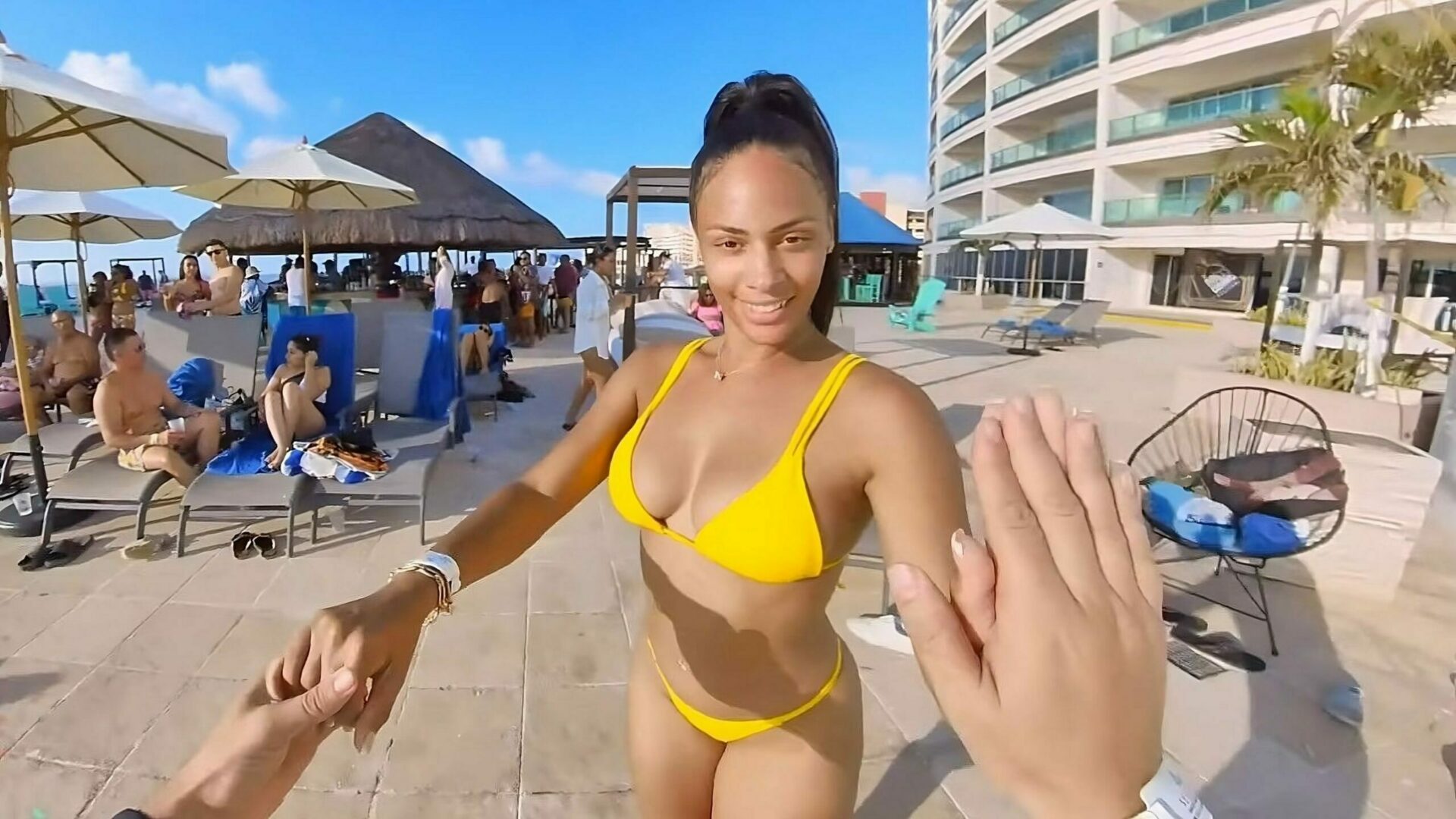 First person view of a dance with a beautiful Cuban woman in yellow bikini