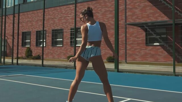 Woman twerking on a tennis court in front of the brick wall